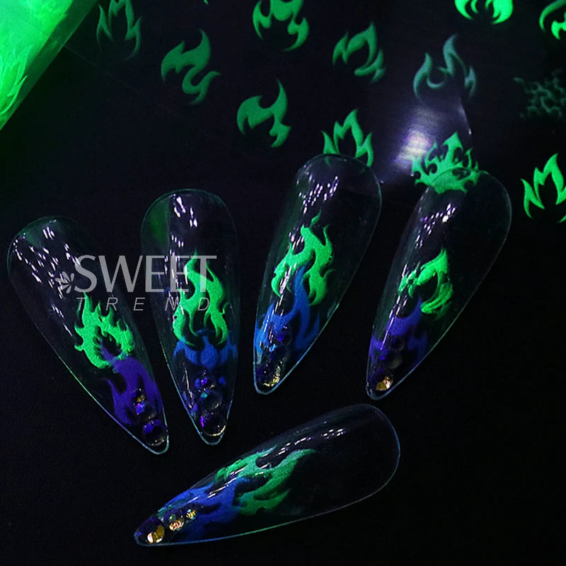Fluorescent Fire Flame Nail Transfer Foils - Neon Sparkle Nail Art Stickers, Halloween Series