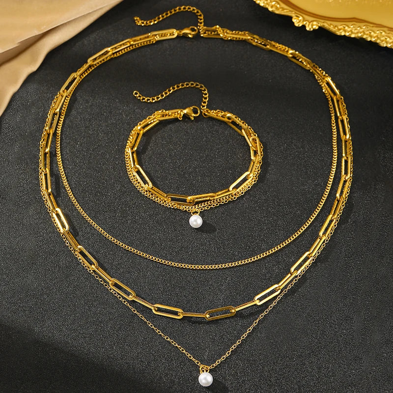 Delicate Pearl Pendant Jewelry Set for Women Multi-Layer Chain Gift
