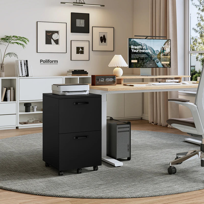 Rolling Wood Filing Cabinet with Lockable Wheels and 2 Drawers for Home Office