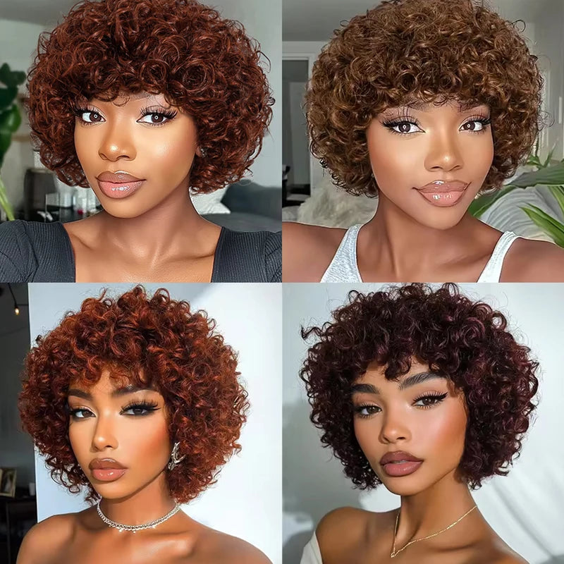 Debut Short Pixie Afro Curly Wigs for Black Women - Natural Brown, Glueless, Brazilian Human Hair