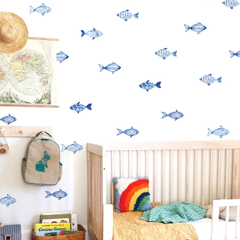 Watercolor Fish Wall Decals - Waterproof Peel & Stick Sea & Geo Design for Kids Room