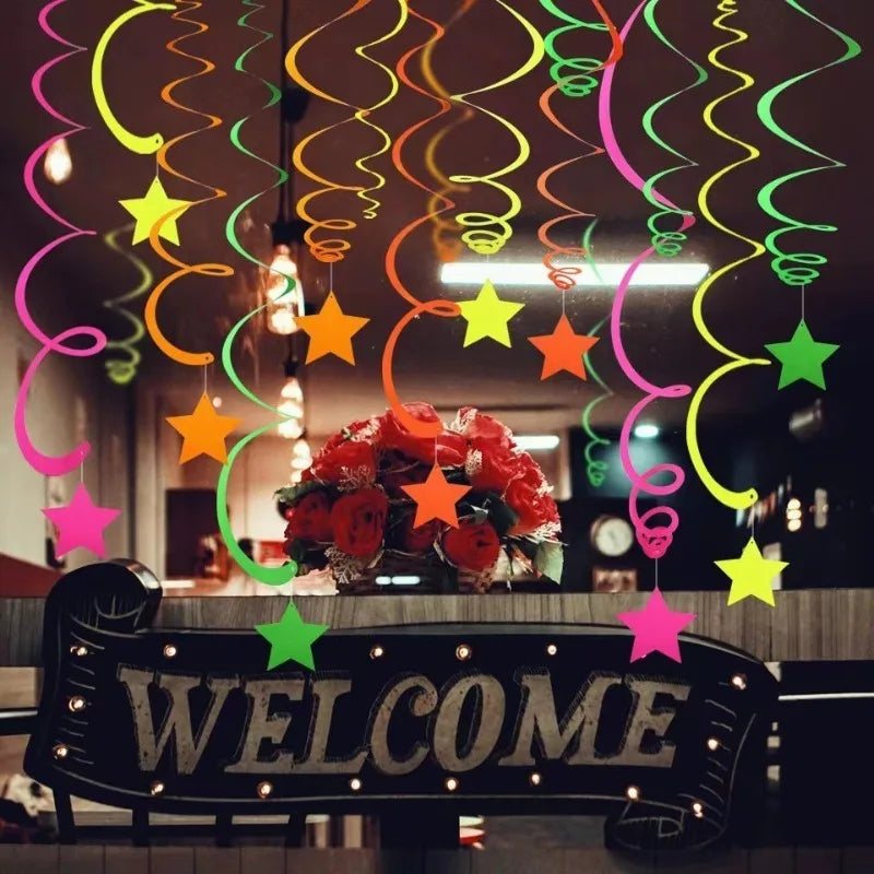 20pcs Luminous Neon Streamers and Hanging Swirl Garland for Neon Party Decor