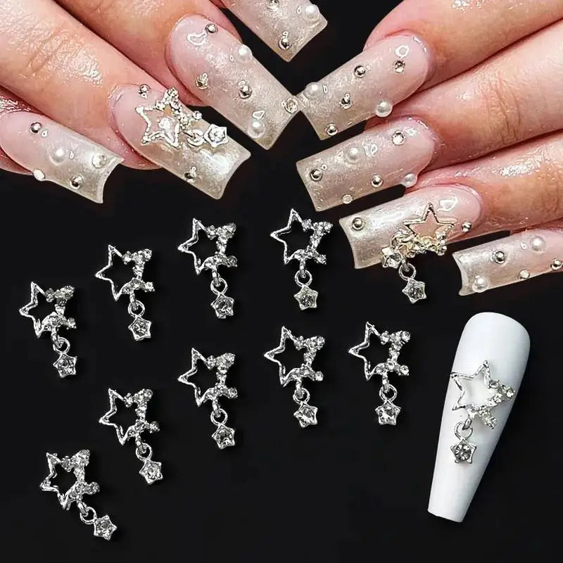 10pcs Nail Art Charm Set with Star Heart Saturn Rhinestones Glitter Decorations