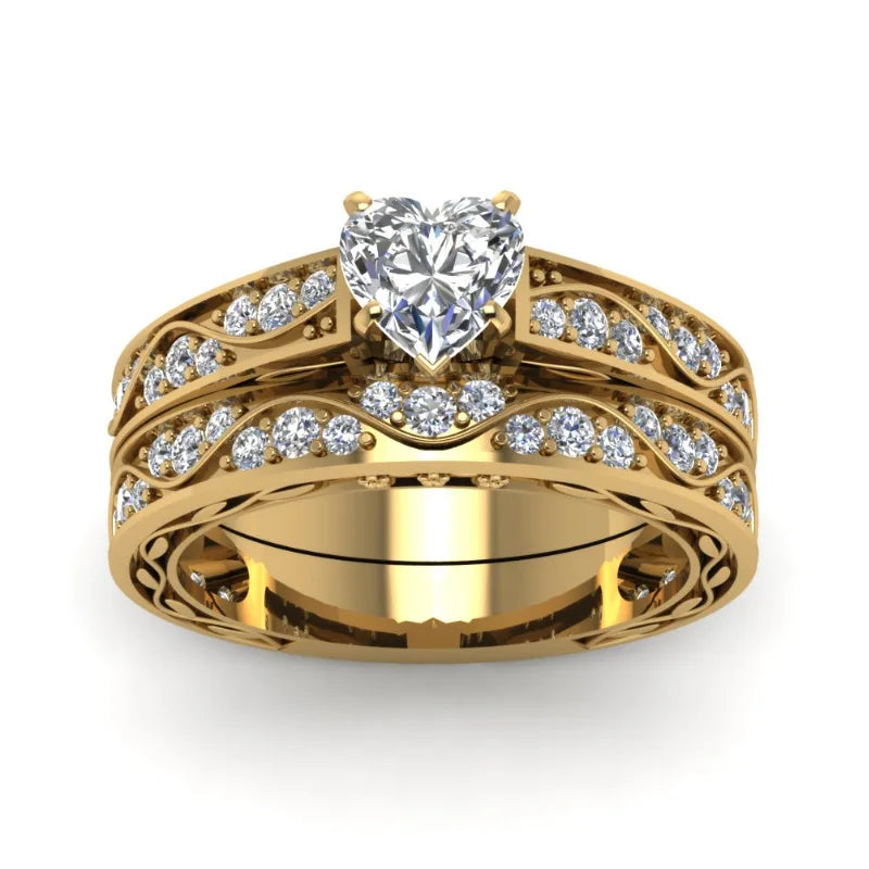 Fashion Couple Rings Set Men's CZ Stainless Steel & Women's Heart Cut Crystal Engagement Jewelry