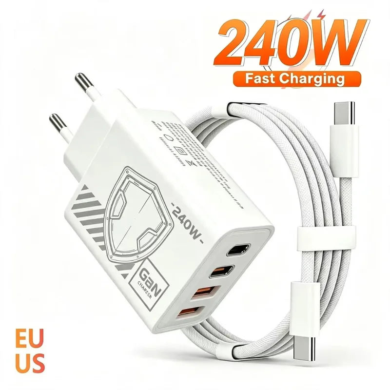 240W GAN Multi-Port Travel Charger with EU/US Plugs & 1M Braided USB C Cable