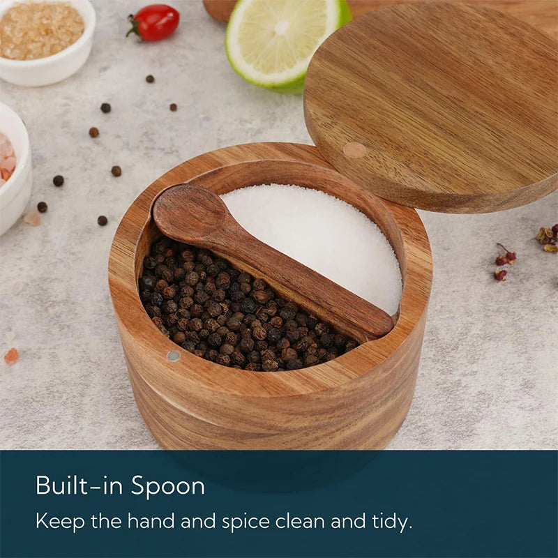 Acacia Wood Salt and Pepper Bowl Set with 360° Swivel Lid and Spoon - Kitchen Seasoning Container