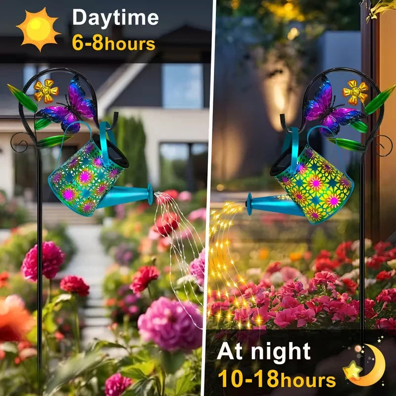 Solar-Powered Butterfly Watering Can Garden Decor with Lantern - Outdoor Lawn Accent