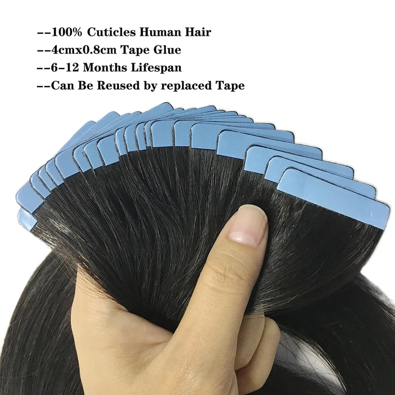 Tape-In Human Hair Extensions - Brazilian Real Hair, Discreet & Easy to Apply