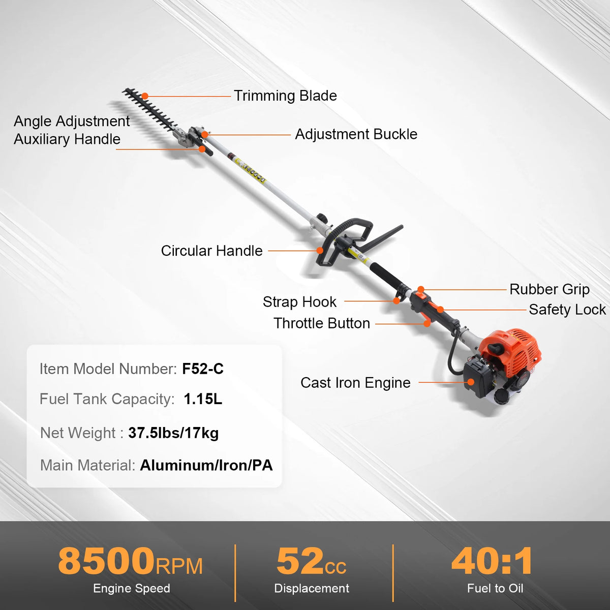 Multi-Function Gas Hedge Trimmer & Pole Chainsaw 6-in-1 Garden Tool