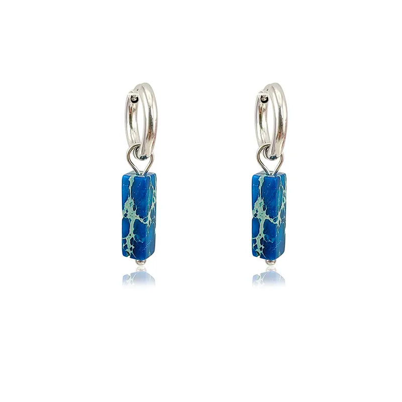 Silver Stainless Steel Square Hoop Earrings with Natural Stones for Women
