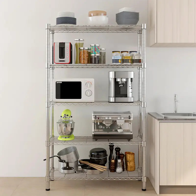 5-Tier Metal Wire Storage Shelves with Chrome Finish for Kitchen & Living Room
