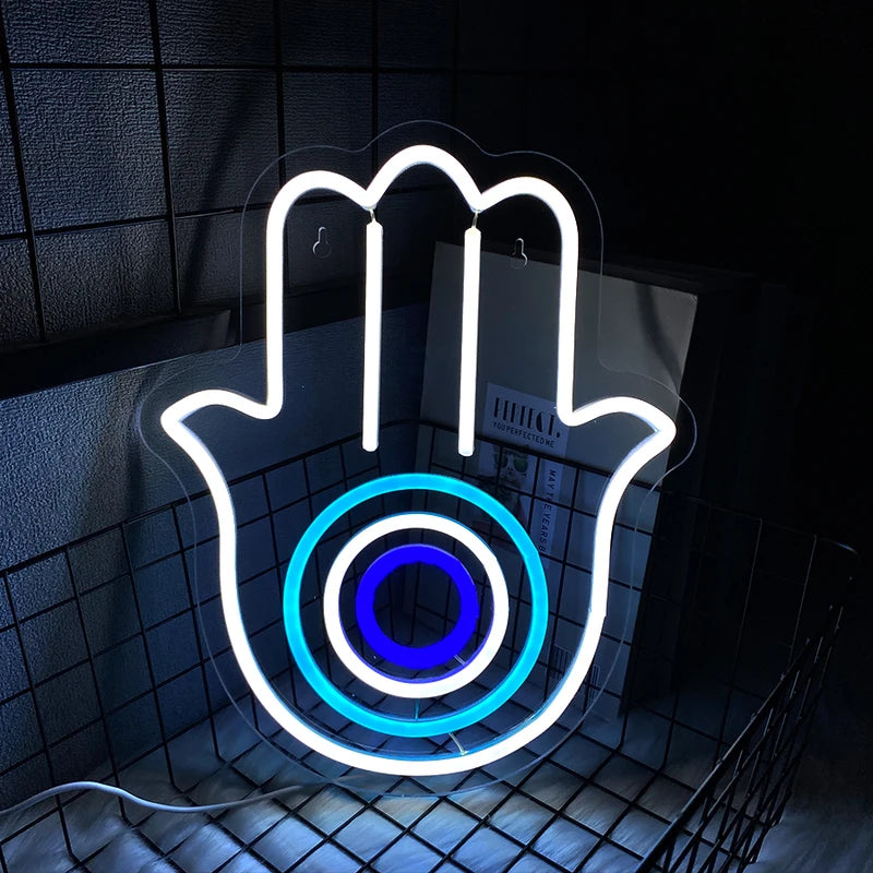 Hamsa Hand Evil Eye Neon Wall Light USB LED Sign for Bedroom Living Room Decor