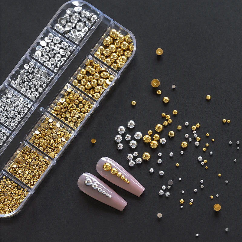 Half Round Flatback Nail Rhinestones & Pearls - Multi-Size Gold & Silver Embellishments