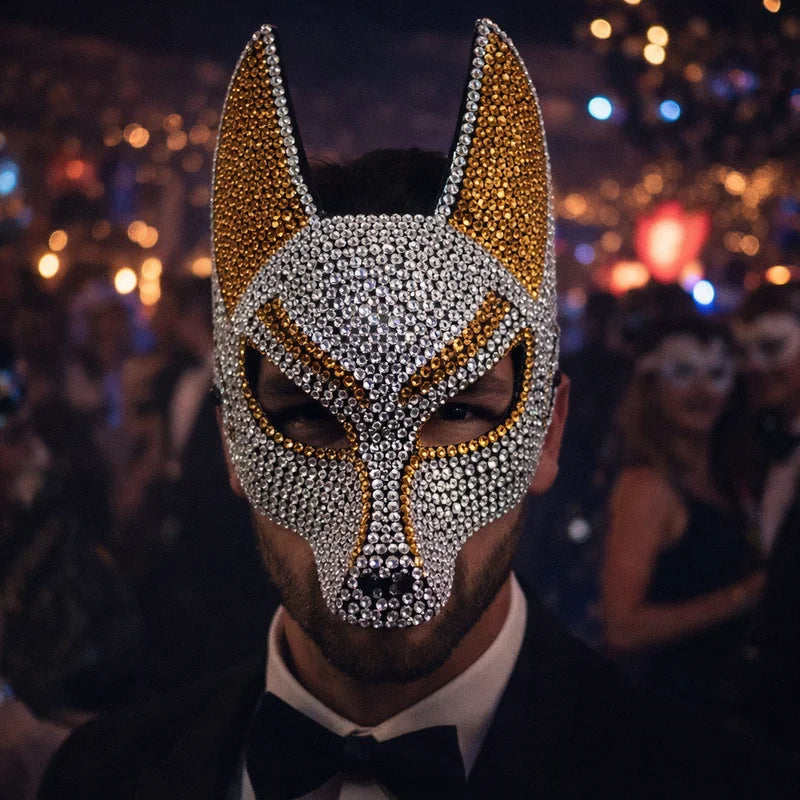 Luxury Rhinestone Wolf Mask - Shiny Half Face Costume Mask for Masquerade Halloween Party
