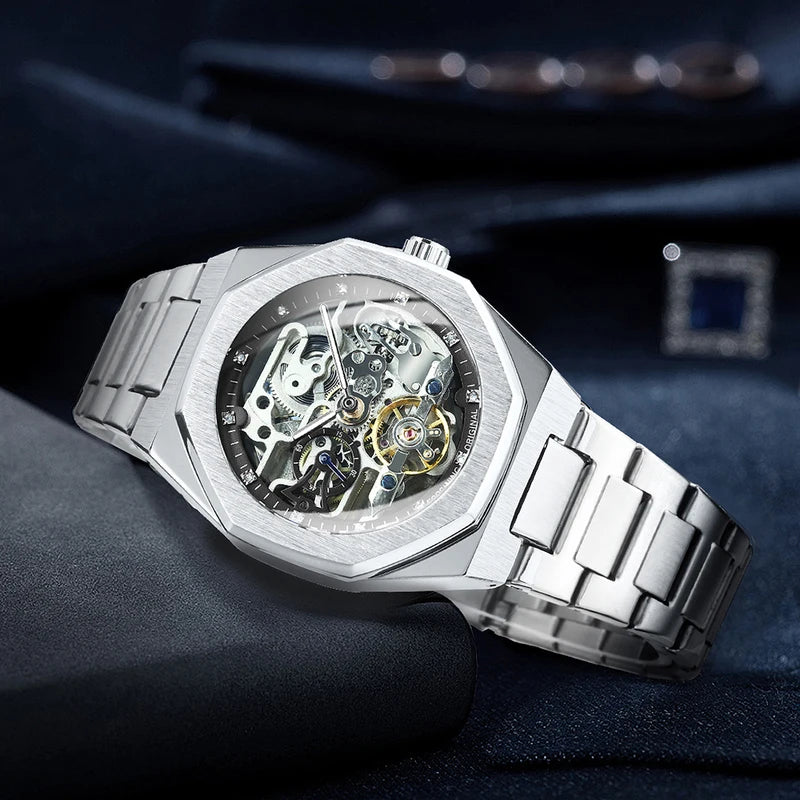 Men's Automatic Mechanical Watch with Luminous Hands and Stainless Steel Strap