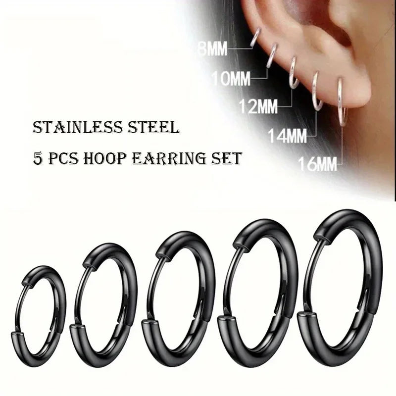 Men's Stainless Steel Hoop Earrings Set - Multiple Colors & Finish Options