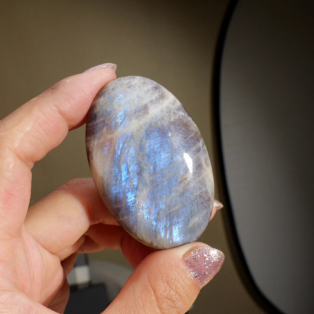 Natural Blue Moonstone Crystal Palm Stone for Energy Healing & Yoga