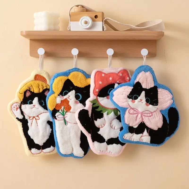 Cute Cat Hand Towel Coral Fleece Absorbent Bathroom Kitchen Washcloth