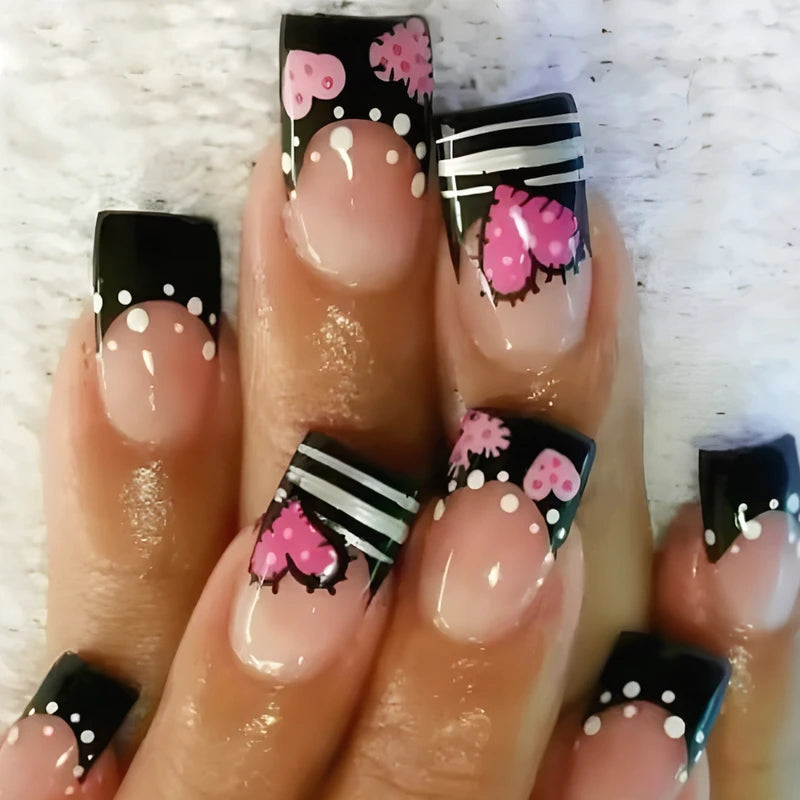 24Pcs Short Square Fake Nails for Menicure - Press On Nail Set with Pink Love Heart Print
