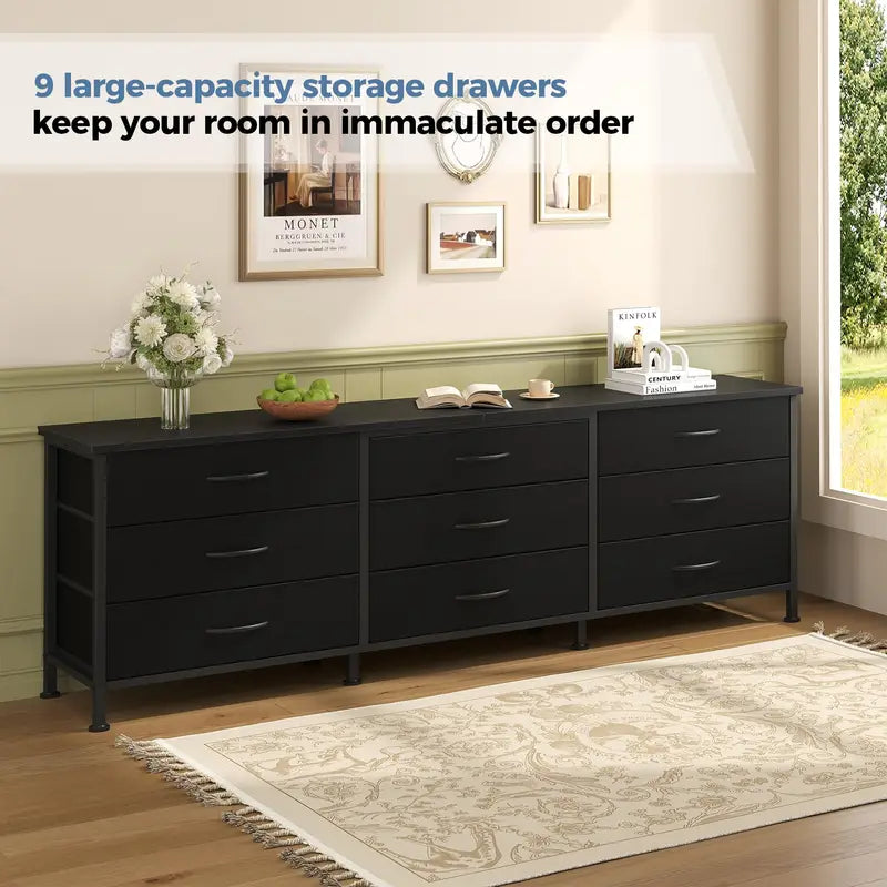 Long Living Room Cabinet with 9 Fabric Drawers - TV Storage & Display Furniture