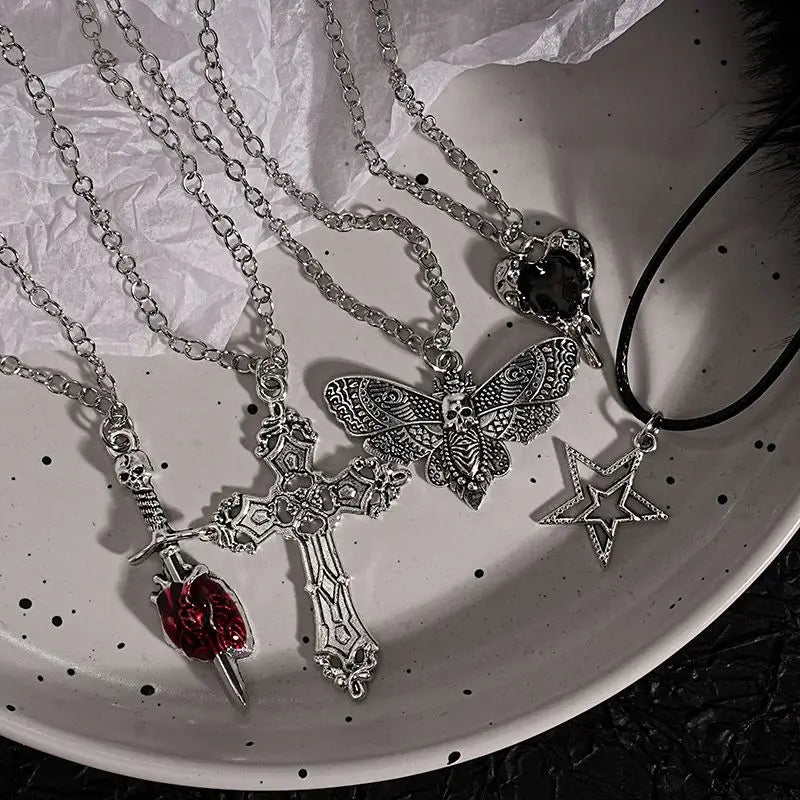 Gothic Cross Spider Skull Pendant Necklace Set for Men Women Streetwear Jewelry
