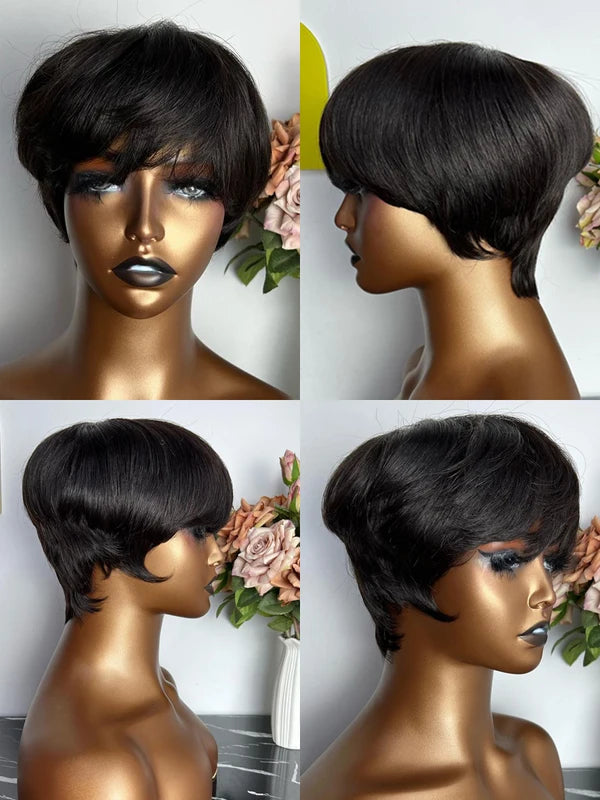 Human Hair Wigs Short Pixie Cut with Bangs for Black Women - Machine Made Natural Look