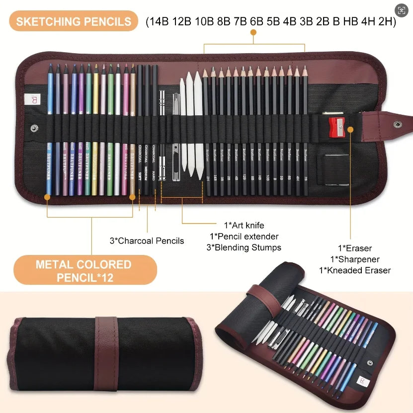 29-Piece Drawing Kit Set with Sketching Pencils Charcoal Sticks Eraser & Sharpener