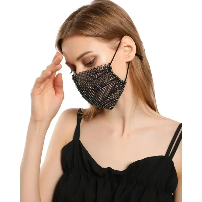 Fashion Rhinestone Face Mask with Elastic Headscarf for Party Halloween Cosplay