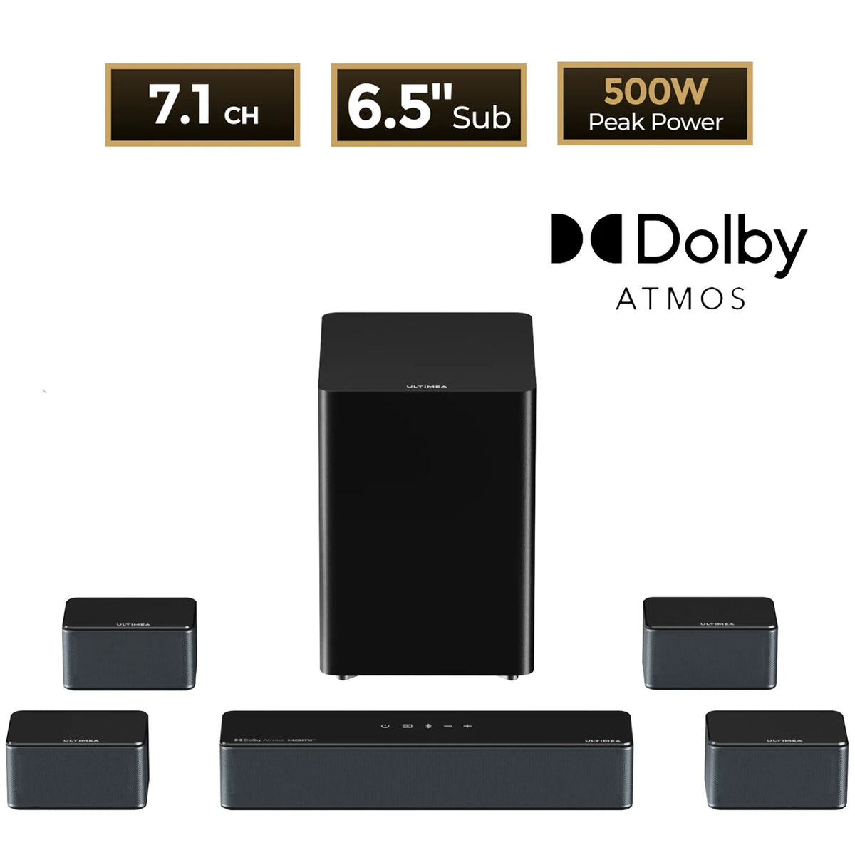 7.1ch Dolby Atmos Soundbar with Wireless Subwoofer and Surround Speakers - Home Theater System