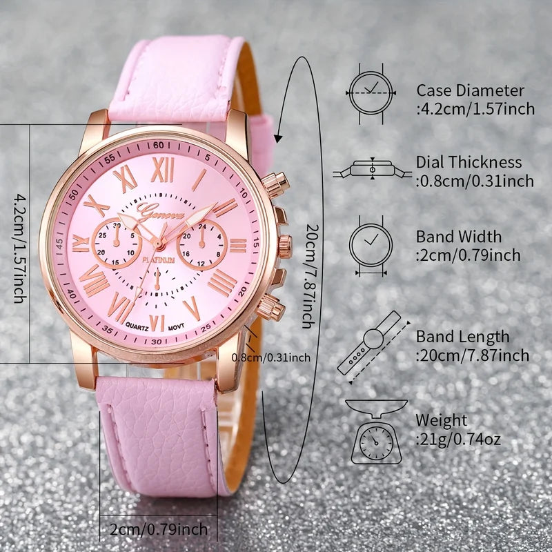 Fashion Women's Quartz Wrist Watch Set with Leather Band and Jewelry Accessories