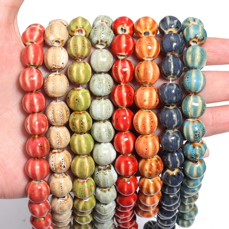 Pumpkin Shape Stripe Ceramic Beads for Jewelry Making - Colorful Floral Glaze, 11.5mm, 1 Strand