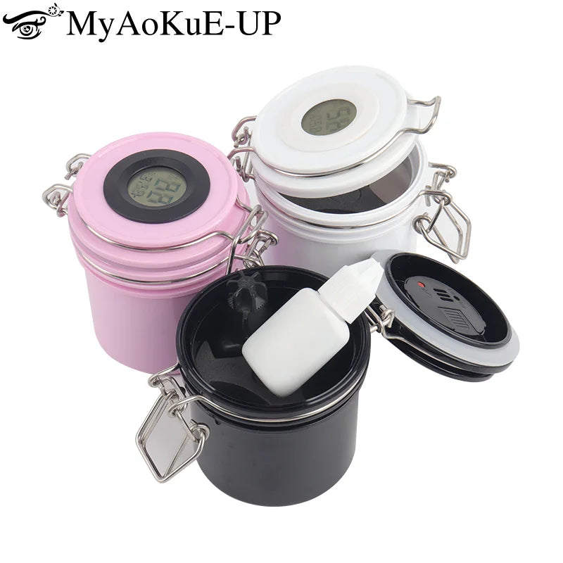 Eyelash Glue Storage Tank with Temperature & Hygrometer Leak-Proof Jar Lash Extension Tool