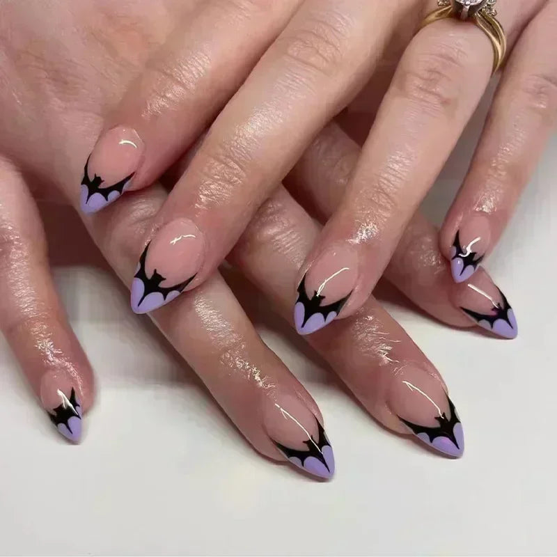 24Pc Halloween False Nail Tips with Almond Head Designs - Full Cover Press-On Manicure