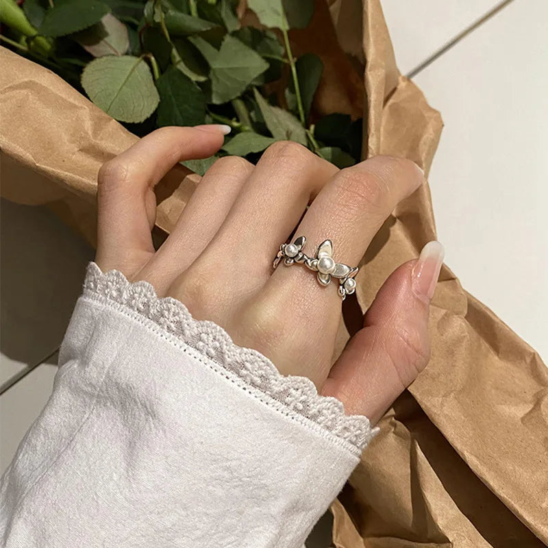 Adjustable Flower Pearl Silver Ring for Women - Elegant Jewelry Gift