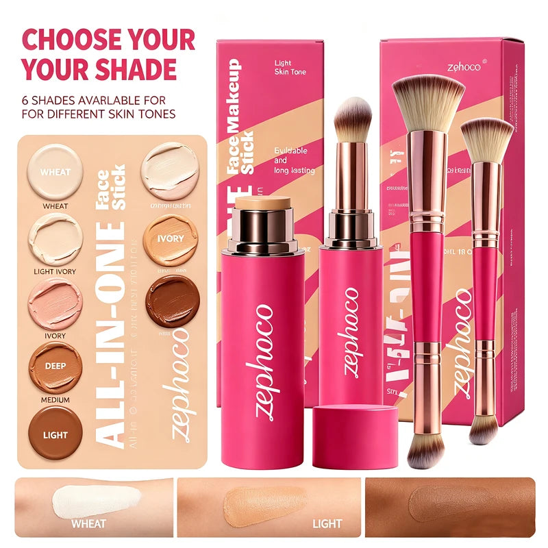 3-in-1 Waterproof Face Makeup Stick Set with Double-Ended Brush - Lightweight Contour & Concealer
