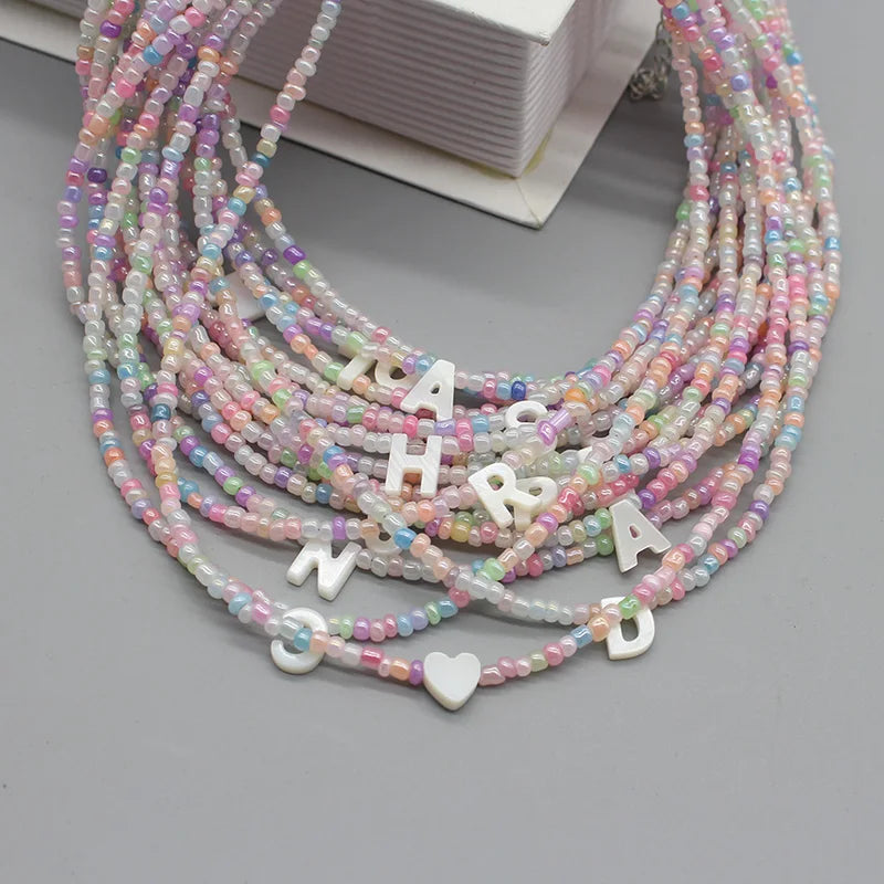 Colorful Seed Beads & Shell Letter Heart Necklace Boho Pendant Jewelry for Women