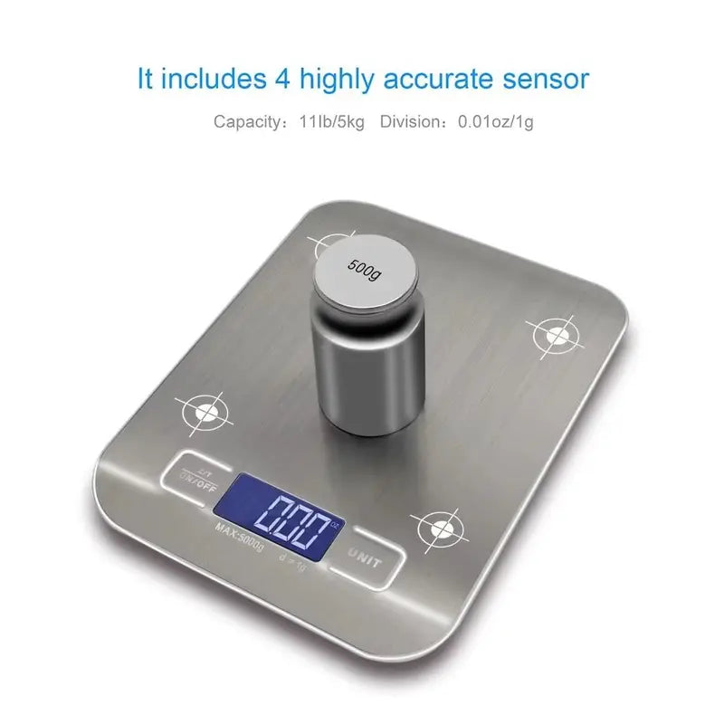 Digital Kitchen Scale 10kg Food Weighing Scale with LCD Display Stainless Steel