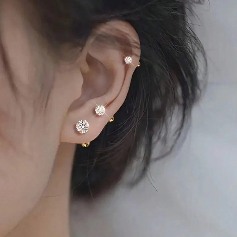 3 Pairs Zirconia Stud Earrings for Women - Classic Round Jewelry, Stainless Steel