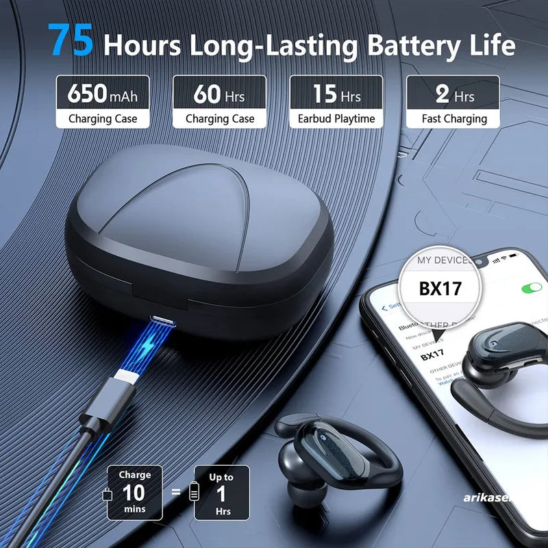 Wireless Sport Bluetooth Earbuds with Noise Cancelling Microphone 75H Playtime LED Display