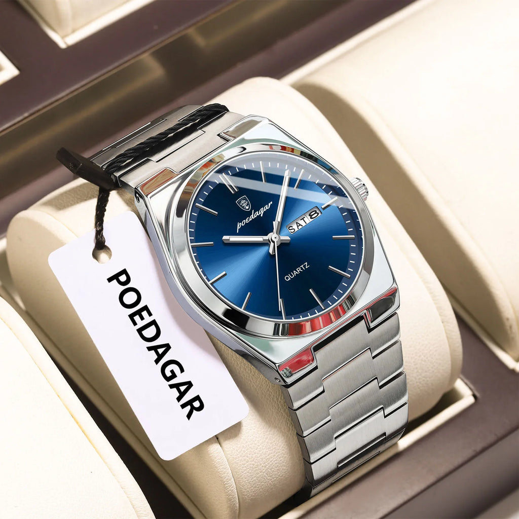 Men's Waterproof Luminous Watch with Date and Week Display - Stainless Steel Quartz Business Watch