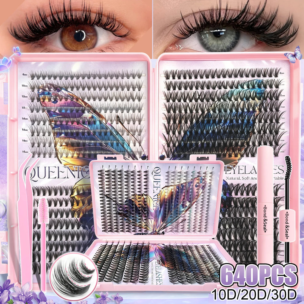 600 Pcs DIY False Eyelash Clusters Kit - Mixed Length Thick Natural Reusable Lashes