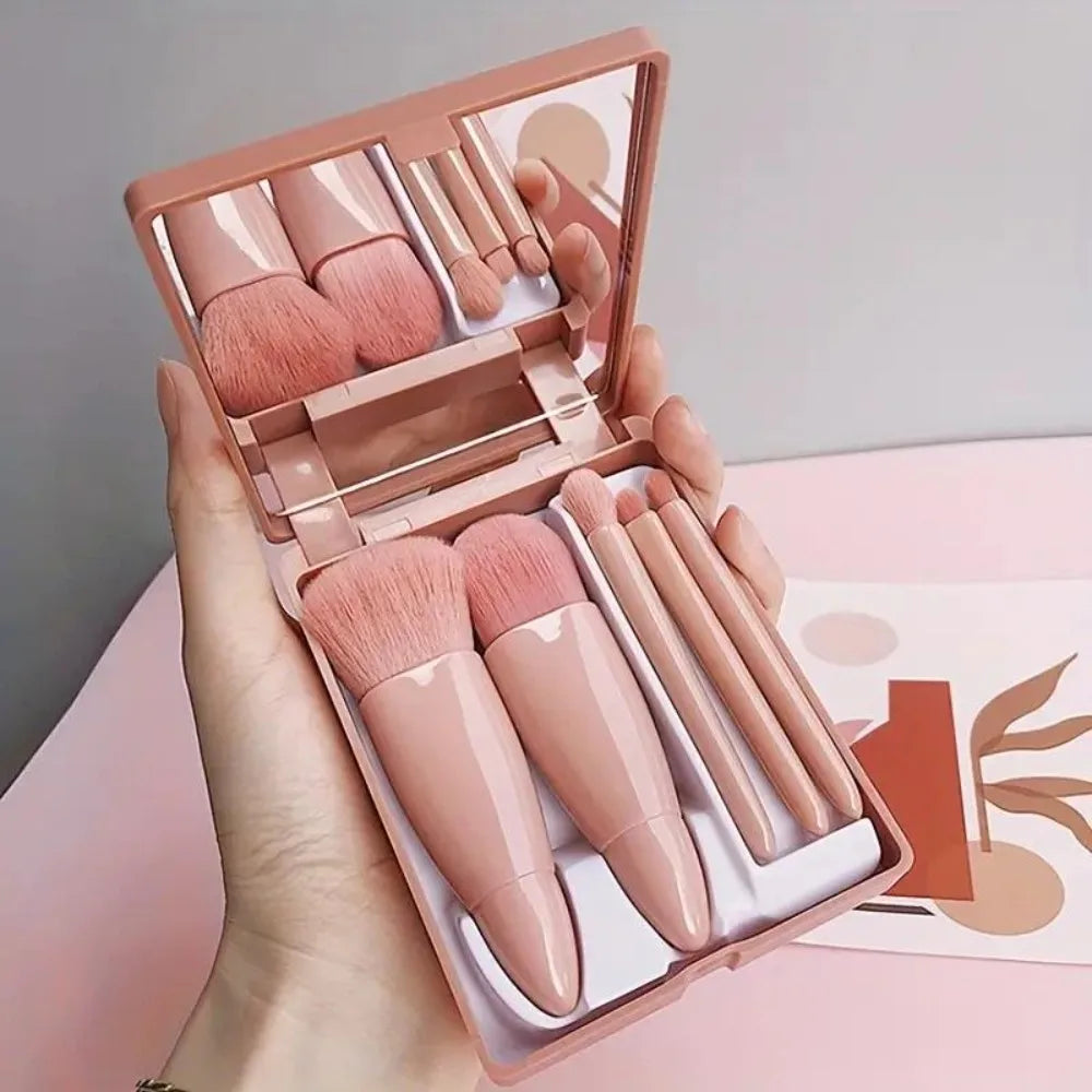 5-Piece Makeup Brush Set with Mirror & Case - Portable Cosmetic Tools