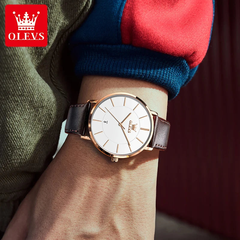 Men's Waterproof Leather Strap Watch with Auto Date - Ultra Thin Quartz