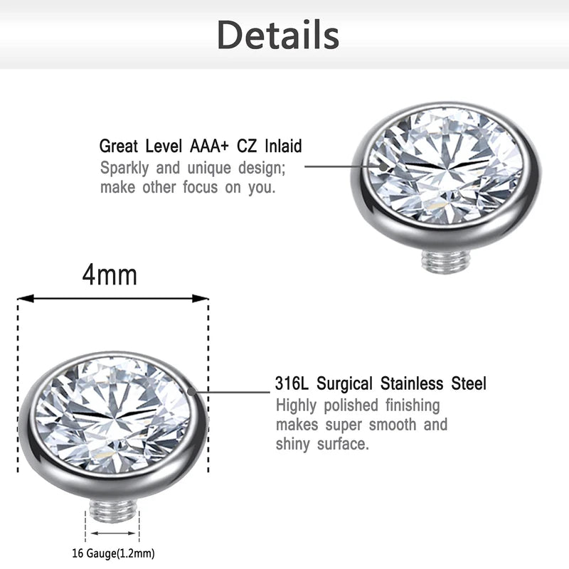 16PCS Crystal Dermal Anchor Tops 3-6mm Surface Piercing Skin Base - Surgical Steel