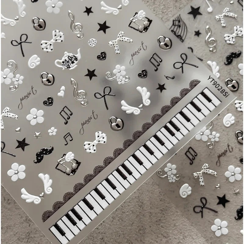 Music Style Nail Stickers - Piano Note Retro 3D Self-Adhesive Nail Art Decals