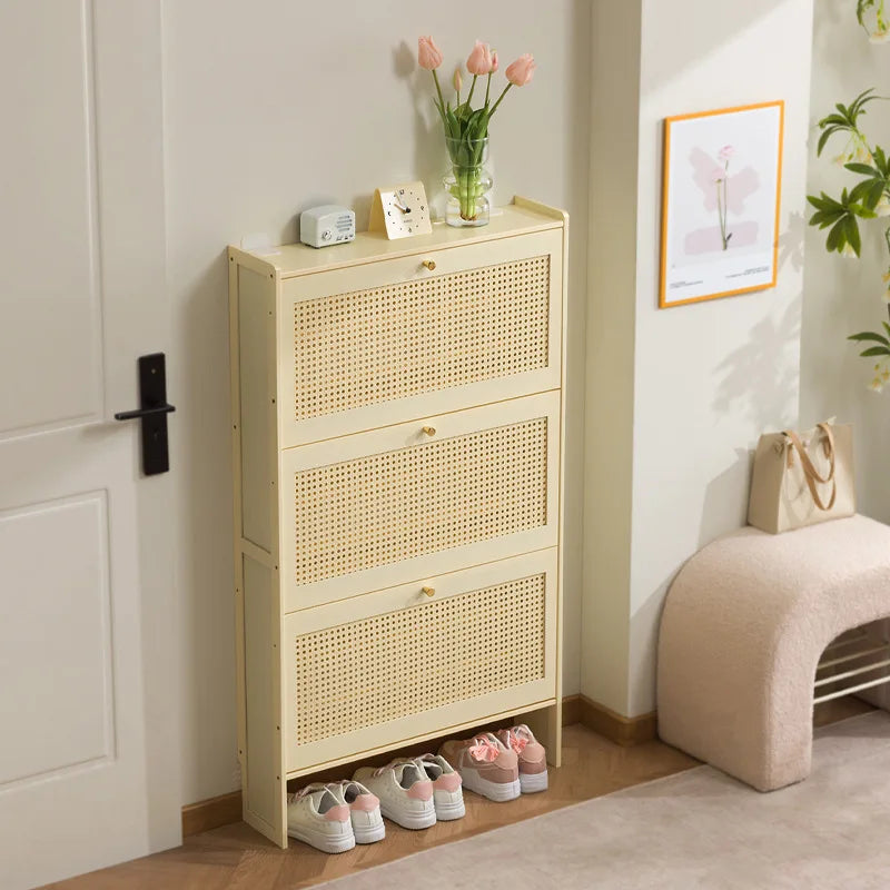 Multi-Layer Bamboo Shoe Cabinet Wall-Mounted Flip Storage Dust-Proof Narrow Organizer