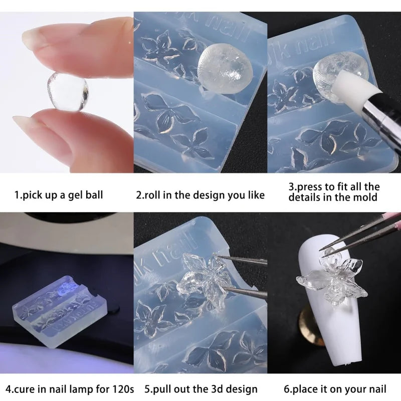 Relief Lily Flower Nail Carving Mold 3D Silicone Templates for Resin Epoxy Art