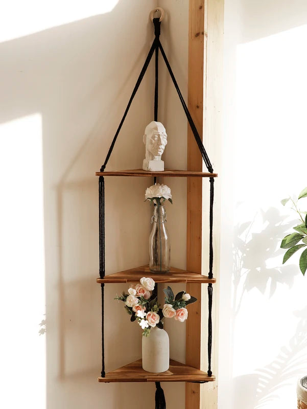Boho Wall Shelf with Triangle Corner Floating Shelves Natural Wood & Macrame Cord