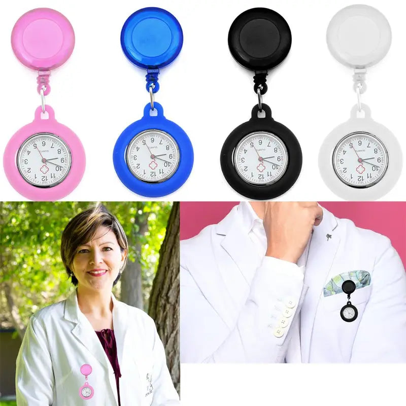Retractable Nurse Clip-On Quartz Pocket Watch with Silicone Cover - Unisex Medical Fob Watch