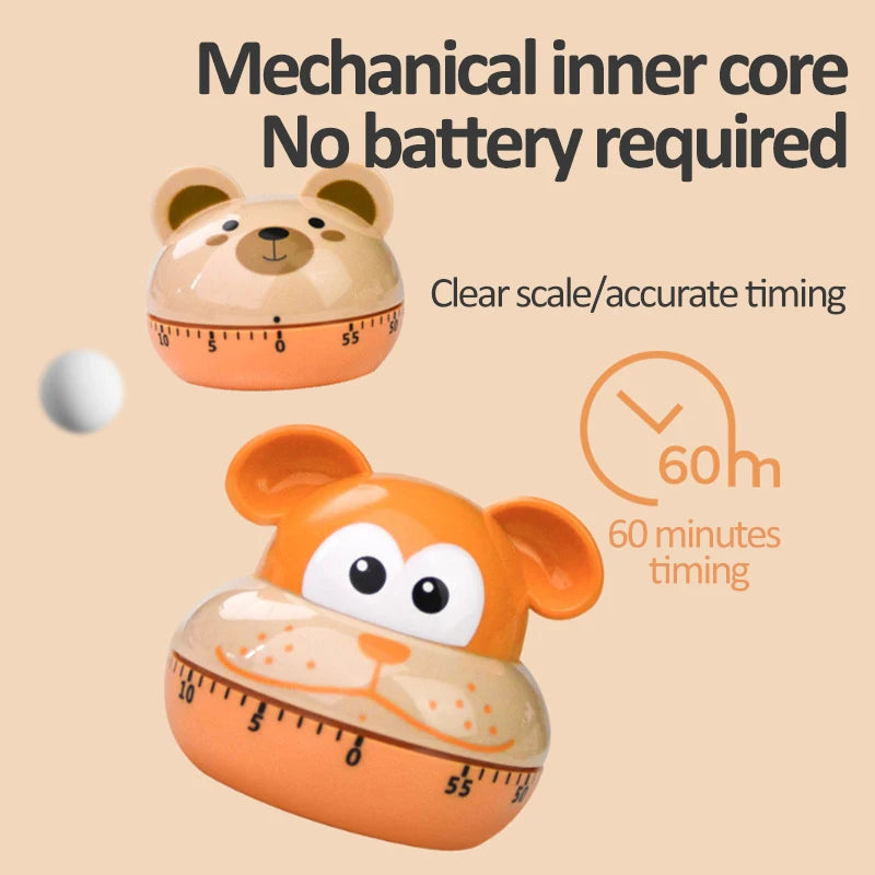 Mechanical Kitchen Timer with Cartoon Animal Pattern, 55-Minute Countdown Alarm, Magnetic Cooking Timer